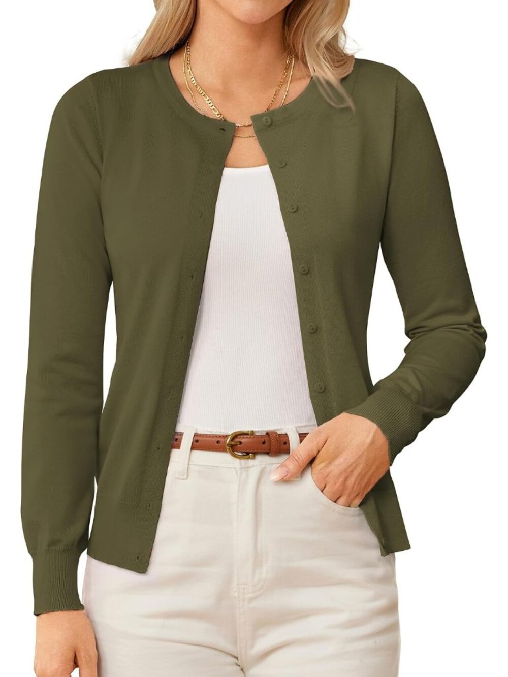 🆕Women's Green Crewneck Knit Cardigan Sweater Lightweight Button Up Casual